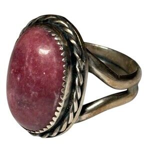 Sterling Silver Rhodonite Oval Rope Border  Sz 6